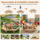 Kids gather around the DirectDeals Kids Hexagonal Picnic Table with Umbrella and 6 Benches, perfect for patio, garden, backyard, or daycare use indoors and outdoors.