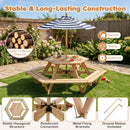 The DirectDeals Kids Hexagonal Picnic Table with Umbrella and 6 Benches features solid fir wood, reinforced joints, metal brackets, ground stakes, and a sturdy build—plus striped umbrella and place settings for outdoor fun.