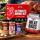 A red Killer Hogs Ultimate Brine Kit – Turkey & Chicken Brining Bundle box, with three spice jars and a pack of heavy-duty meat bags displayed in front of a smoked turkey on a grill.