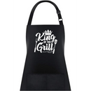DDR BBQ Supply black King of the Grill apron with white graphic featuring a crown, fork, and spatula.