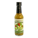 A bottle of Powerful Pepper Company's Powerful Pepper Serrano Kiwi & Tomatillo Hot Sauce, featuring a green label with illustrations of red flowers and green tomatillos, and topped with a black cap.