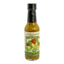 A bottle of Powerful Pepper Company’s Powerful Pepper Serrano Kiwi & Tomatillo Hot Sauce, featuring a black cap and a vibrant label with illustrations of serrano peppers, kiwis, and tomatillos. This handcrafted hot sauce showcases a vivid green color inside, perfectly representing the fresh flavors of tomatillos and kiwi.