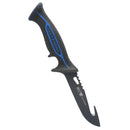 The Dalstrong Fishing Hook Knife 5" Night Shark Series, NSF Certified, features a black and blue textured handle with a gut hook and partially serrated blade. Displayed on a plain white background.
