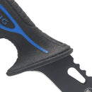 Close-up of the Dalstrong Fishing Hook Knife 5" Night Shark Series by Dalstrong, featuring a black and blue textured handle attached to a serrated blade with a hole near the base, set against a plain white background.