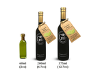 Three bottles of Georgetown Olive Oil Co. Persian Lime Fused High Polyphenols Extra Virgin Olive Oil—60ml, 200ml, and 375ml—are displayed from left to right in increasing size. Carefully crafted using the traditional agrumato method for a vibrant citrus flavor, these sleek bottles showcase the product’s quality; the two larger sizes include tan tags featuring lime illustrations.
