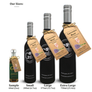 Four bottles of Georgetown Olive Oil Co. LAVENDER ROSÉ White Balsamic Vinegar, inspired by Barrel Aged Modena from Italy, are shown in increasing sizes with tags indicating sample (60ml), small (200ml), large (375ml), and extra large (750ml) options. Infused with delicate notes reminiscent of lavender, these selections from Georgetown Olive Oil Co. promise a refined tasting experience.