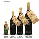 Four bottles of Georgetown Olive Oil Co. LEMON GARLIC Infused | High Polyphenols Extra Virgin Olive Oil are displayed in ascending sizes, each clearly labeled with its respective volume: Sample (60ml), Small (200ml), Large (375ml), and Extra Large (750ml). Highlighted tags emphasize the high polyphenol content and premium quality of this extra virgin olive oil by Georgetown Olive Oil Co., along with detailed product information.