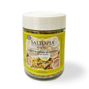SALTOPIA Infused Sea Salts’ Lemon & Herbs Seasoning Low Sodium: TWIST AGAIN comes in a 4 oz jar with a yellow label showing lemon slices—perfect as a zesty, low sodium lemon pepper seasoning for your favorite dishes.