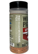 A container of WarPig BBQ Little Bird BBQ Rub with a green label, featuring veteran support logos and text that highlights its veteran-founded team and competition barbecue focus. This versatile rub from WarPig BBQ is an excellent choice as a poultry or chicken seasoning. Net weight: 11.5 oz.