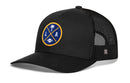 The Haka Hat Los Angeles Trucker Hat | Black LA X Football Snapback features mesh sides, a curved bill, and a round patch with a blue background, yellow border, palm tree, "LA," and football—showcasing the iconic HAKA 5.0 trucker design.