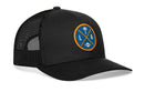 The Haka Hat Los Angeles Trucker Hat is a black mesh snapback featuring a blue and yellow round patch with a palm tree, "LA" letters, and a football icon on the front.