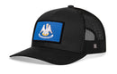 The Haka Hat Louisiana Flag Trucker Hat features a black mesh snapback and a blue patch with a white pelican and three chicks, echoing the Louisiana state flag—perfect for showing your pride.