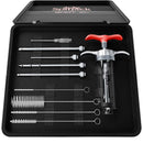 The SpitJack SHOT XL Meat Injector Kit by SpitJack comes in a sleek black deluxe case and features four metal needles, cleaning brushes, a syringe with red handles, and a small screwdriver—all neatly organized in custom slots—making it perfect for all your BBQ injection needs.