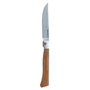 The Messermeister Folding Steak Knife - 4" features a stainless steel blade and light brown wooden handle, offering sharp, portable performance. Shown against a white background. Brand: Messermeister.