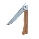 The Messermeister Folding Steak Knife Set in Leather Roll includes four wooden-handled, partially open stainless steel knives—perfect for on-the-go dining and neatly stored in a leather roll.