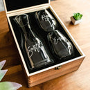 A Wine Decanter - The Script set featuring a custom decanter and two stemless wine glasses with cursive script designs, presented in a wooden gift box.