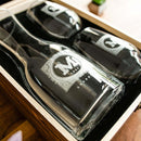 Swanky Badger’s Wine Decanter - The Heirloom set features a glass wine decanter and two matching glasses etched with the letter M and the year 2022, presented in a wooden box.