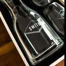 A Swanky Badger Wine Decanter - The Diamond and matching glass in a wooden gift box, both etched with a diamond shape containing the name SMITH.