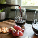 Red wine being poured into a Wine Decanter - The Script personalized wine glass, sitting on a wooden board with grapes and crackers.