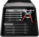 The SpitJack PULSE Meat Injector Kit with Deluxe Case and Four Needles, by SpitJack, features a silver injector with red handles, three additional needles (four in total), four cleaning brushes, O-rings, and a black silicone cap—all securely organized in custom foam cutouts within a sleek black case.