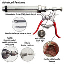 Experience the precision and quality of the SpitJack PULSE Meat Injector Kit with Deluxe Case and Four Needles—engineered with features like a Tritan plastic barrel, thick-walled needles, secure rear locknut, O-ring sealed needle connections, twist-on attachments, and comfortable red handle sleeves—crafted by SpitJack for the same reliability you’d expect in top veterinary syringes.