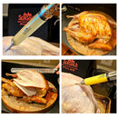 Four photos show a cooked turkey being sliced and a raw turkey being injected with marinade using the SpitJack PULSE Meat Injector Kit with Deluxe Case and Four Needles in a kitchen setting.