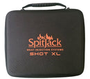 The SpitJack SHOT XL Meat Injector Kit with Deluxe Case and Four Needles comes in a black carrying case with a handle, featuring orange “SpitJack Meat Injection Systems SHOT XL” text and flame graphics printed on the front, designed to securely store your large capacity meat injector or complete BBQ injector kit.