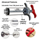 A labeled diagram of the SpitJack SHOT XL Meat Injector Kit featuring a 70ml plastic barrel, sturdy metal handle, four injector needles, and callouts for key features such as an adjustable gasket, replaceable parts, deep-threaded needle connection—all by SpitJack and packaged in a deluxe case.