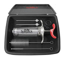 The SpitJack SQUIRT 50 Meat Injector Kit with Case and Two Needles features a durable metal injector with a signature red handle, two versatile needles for BBQ marinades, cleaning brushes, O-rings, and useful accessories. For authenticity and reliability, the marinade injector is clearly marked “SpitJack” on the barrel.