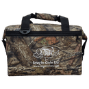 The Taiga Camo soft side 18 pack cooler by Taiga Coolers features black handles, a front zipper pocket, fish logo, “TAIGA Living the Cooler Life,” and website URL—ideal for hunting and fishing trips.