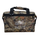 The Taiga Camo soft side 18 pack cooler by Taiga Coolers features black handles, a front zipper pocket, fish logo, “TAIGA Living the Cooler Life,” and website URL—ideal for hunting and fishing trips.