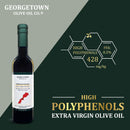 A bottle of Georgetown Olive Oil Co. Picholine (MOROCCO) Extra Virgin Olive Oil is displayed on a green background, with text noting its high polyphenol content (428 mg/kg) and low free fatty acids (0.2%). This cold-pressed olive oil from Georgetown Olive Oil Co. offers exceptional quality and robust flavor, while retaining its valuable health benefits.