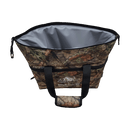 The Taiga Camo soft side 18 pack cooler by Taiga Coolers features black handles, a wide open top, and a gray insulated interior—perfect for your next hunting or fishing trip.