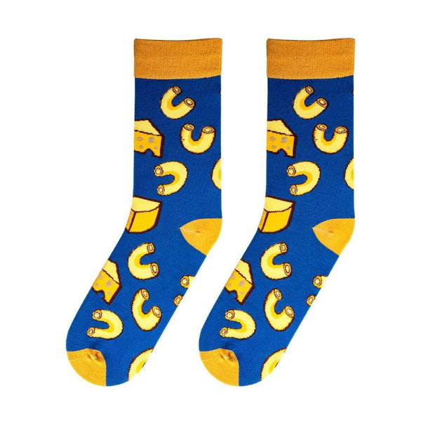 Mac N' Cheese socks with bright cheesy noodle pattern – fun foodie gift from DDR BBQ Supply