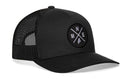 The Haka Hat Maine Trucker Hat | Black MNE X Snapback by Haka Hat features a mesh back, adjustable snapback, and a round patch with crossed lines, M, N, E letters, and Maine's outline—a signature trucker style.