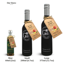 Three bottles of Georgetown Olive Oil Co. Mango Ginger White Balsamic Vinegar, crafted in Modena, Italy by Georgetown Olive Oil Co., are displayed in mini (60ml), small (200ml), and large (375ml) sizes. Each bottle is adorned with a tag and set against a white background, featuring clear labels and size descriptions beneath each one.