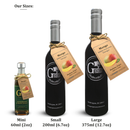 Three bottles of Georgetown Olive Oil Co. Mango White Balsamic Vinegar, expertly crafted in Modena, Italy by Georgetown Olive Oil Co., are shown in mini (60ml), small (200ml), and large (375ml) sizes. Each elegantly labeled bottle features a brown tag with a mango illustration and is displayed against a white background with clear size markings—ideal for sampling the authentic, aged white balsamic vinegar infused with bright mango flavor.