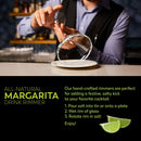 A bartender uses The Spice Lab Traditional Margarita Salt Cocktail Rimmer to coat the rim of a cocktail glass. Text explains how to rim a glass for a margarita, with lime wedges pictured below and bottles and barware in the background.
