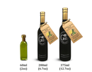 Three bottles of Georgetown Olive Oil Co. Mediterranean Herbs | High Polyphenols Extra Virgin Olive Oil are displayed in 60ml, 200ml, and 375ml sizes. The two larger bottles feature dark glass with gold caps and tags, while the smallest is clear green with a gold cap—each bottle showcasing the rich character of high polyphenol extra virgin olive oil cold infused with Mediterranean herbs by Georgetown Olive Oil Co.