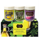 The SALTOPIA Mediterranean Kitchen Gift Set features three infused sea salts—Lemon Thyme, Rosemary, and Herbs de Provence—in jars, displayed on a decorative box illustrated with herbs, olive oil, and garlic.