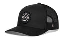 The Haka Hat Memphis Trucker Hat | Black MEM X Snapback features a mesh back and embroidered patch with white crossed lines, the letters E, M, M, and a white line beneath—a sleek black trucker hat by Haka Hat.