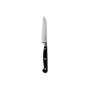 The Messermeister Meridian Elite Sheep's Foot Paring Knife - 3.5", featuring a high-carbon stainless steel blade and black triple-riveted handle, stands upright against a plain white background.