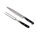 The Messermeister Meridian Elite Kullens Carving Set (2 Piece) by Messermeister, featuring a high-carbon German steel knife with a black handle and matching carving fork, is shown side by side on a white background.