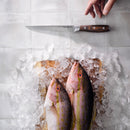 Two fresh fish rest on ice atop a cutting board. Above them, a hand reaches for the 7" Messermeister Avanta Pakkawood Flexible Boning Knife, ideal for precision deboning, set on the white tiled surface.