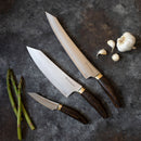The Messermeister Kawashima Paring Knife - 3.5" is displayed with two other wooden-handled kitchen knives on a dark surface alongside garlic, garlic cloves, and two asparagus stalks.