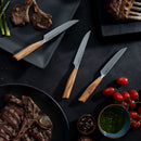 The Messermeister Oliva Elite Next Level Block Set - 11 Piece features German-forged knives with elegant olive wood handles, displayed on a dark table amid grilled lamb chops, asparagus, cherry tomatoes, green sauce, salt and pepper.