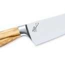 A close-up of a Messermeister Oliva Elite O.T. Prep Knife - 6.5" shows its polished wooden handle and shiny stainless steel blade with the Messermeister logo near the base.