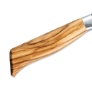 Close-up of the Messermeister Oliva Elite O.T. Prep Knife - 6.5" handle, crafted from polished, light-colored wood with natural grain; the blade’s metal edge is partially visible on the right side.