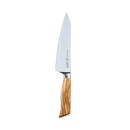 The Messermeister Oliva Elite O.T. Prep Knife - 6.5" features a polished stainless steel blade and a light olive wood handle, shown on a plain white background.