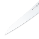 A close-up of the pointed tip and sharp edge of the Messermeister Oliva Elite O.T. Prep Knife - 6.5" against a plain white background.